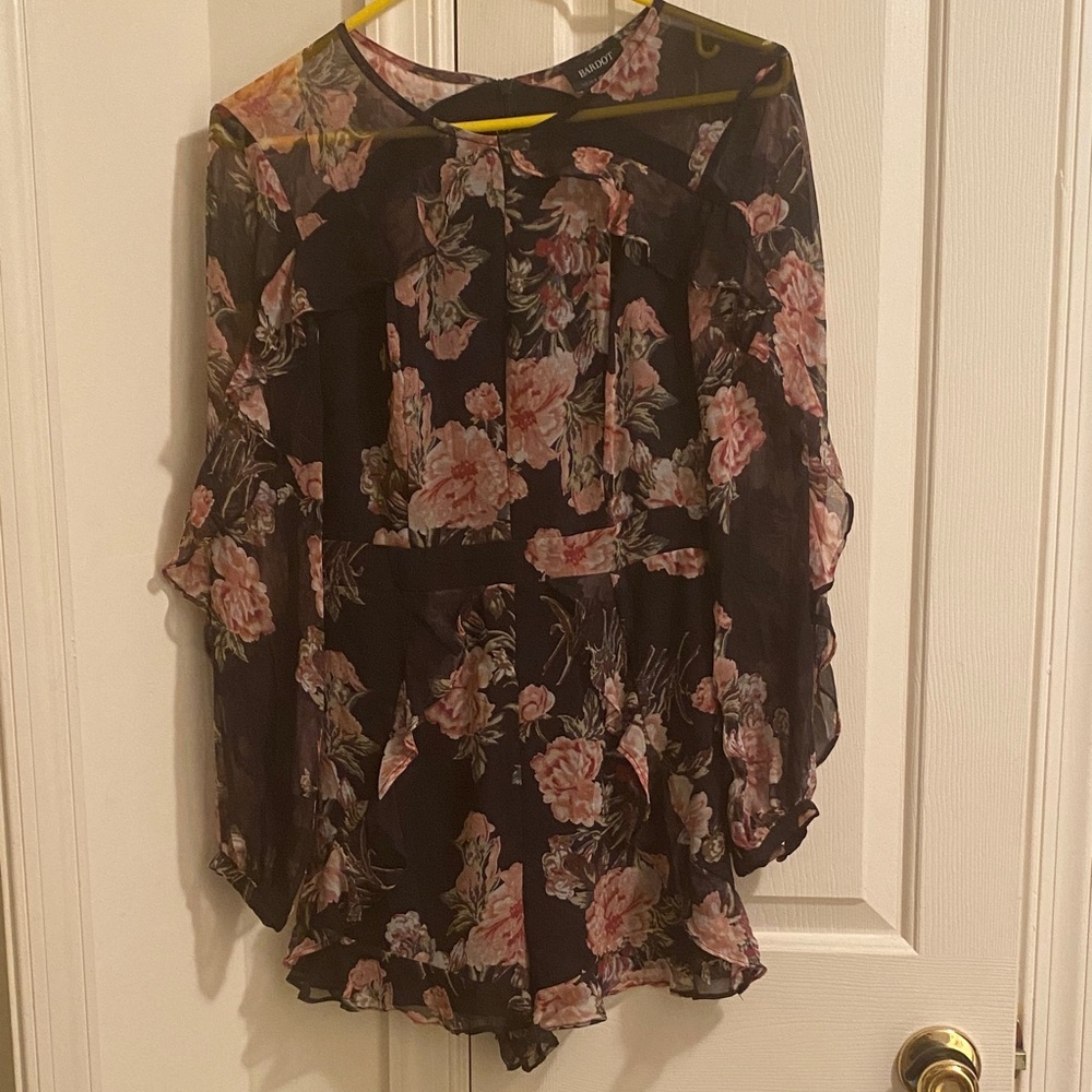 Bardot Floral Romper with Black and Pink Accents